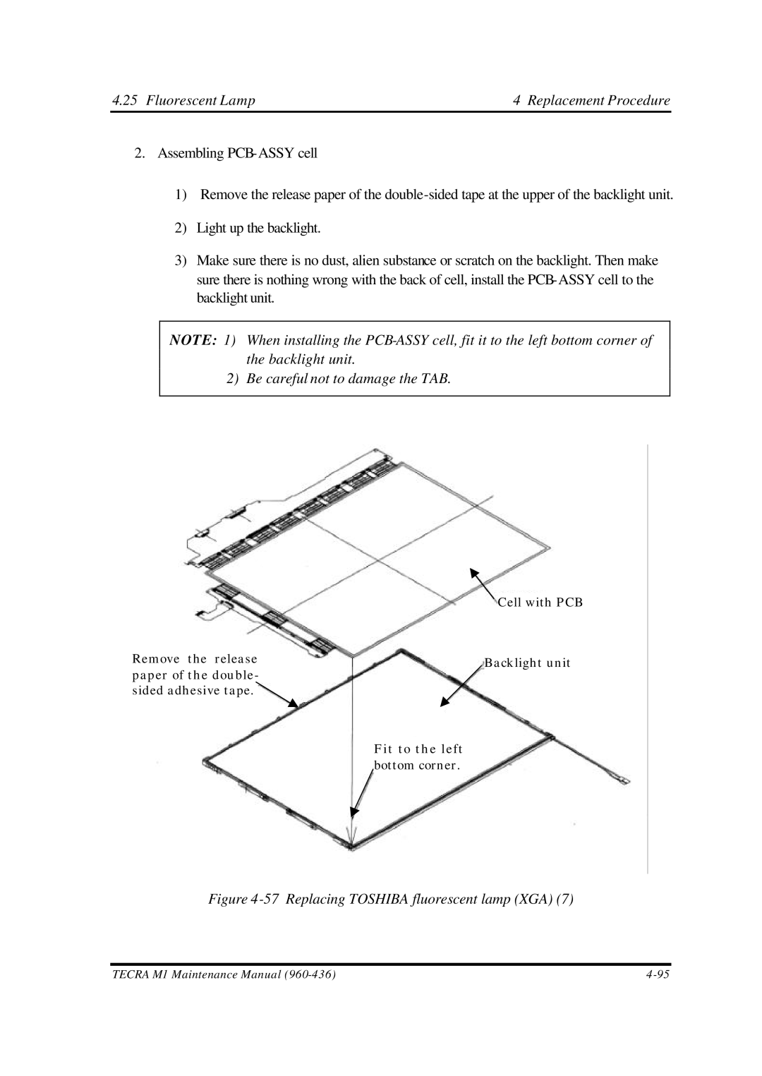 Toshiba M1 manual Be careful not to damage the TAB, Replacing Toshiba fluorescent lamp XGA 