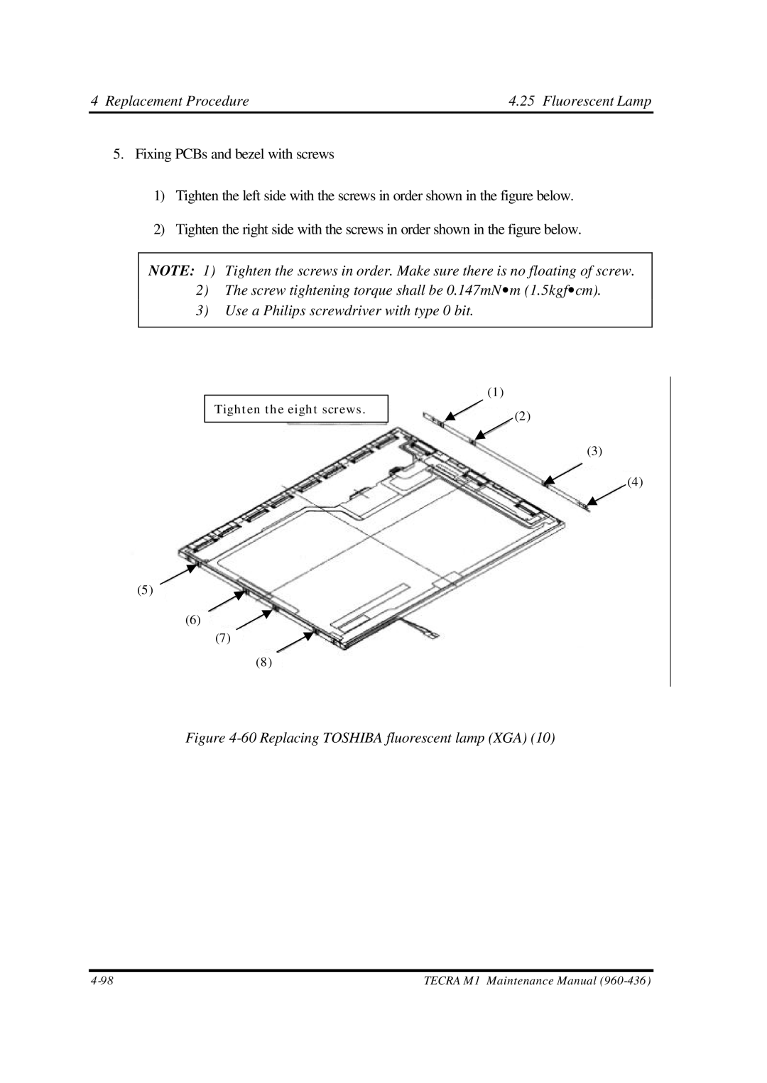 Toshiba M1 manual Replacing Toshiba fluorescent lamp XGA 