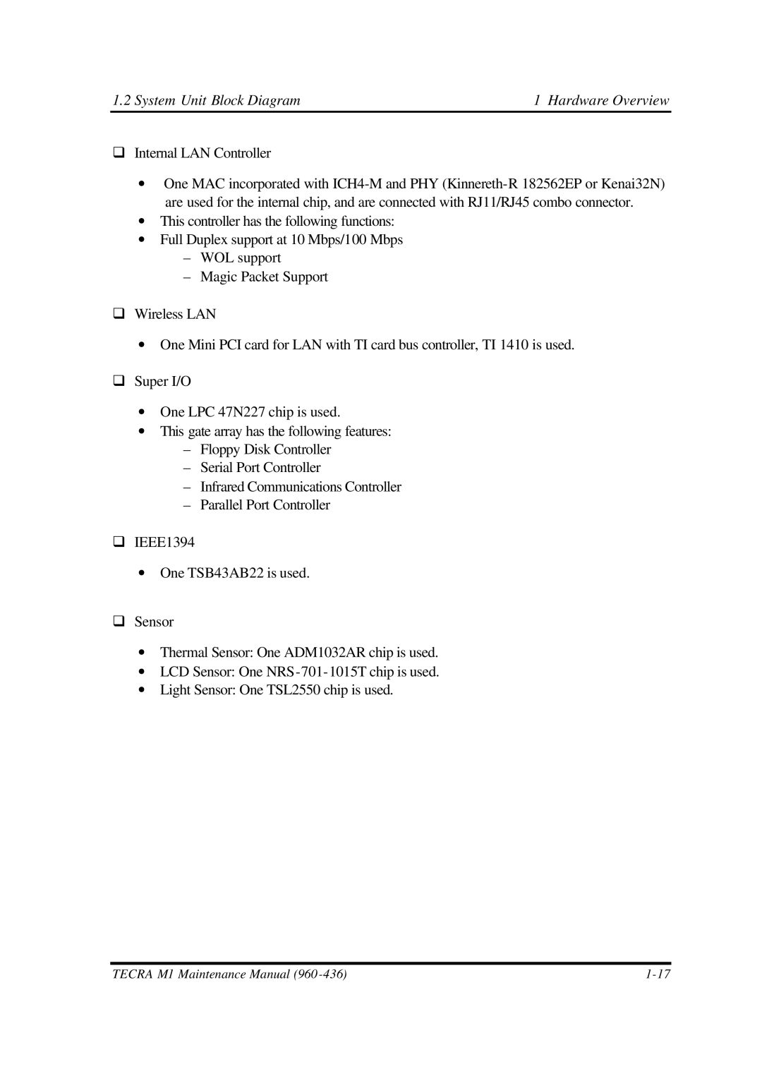 Toshiba M1 manual Internal LAN Controller 