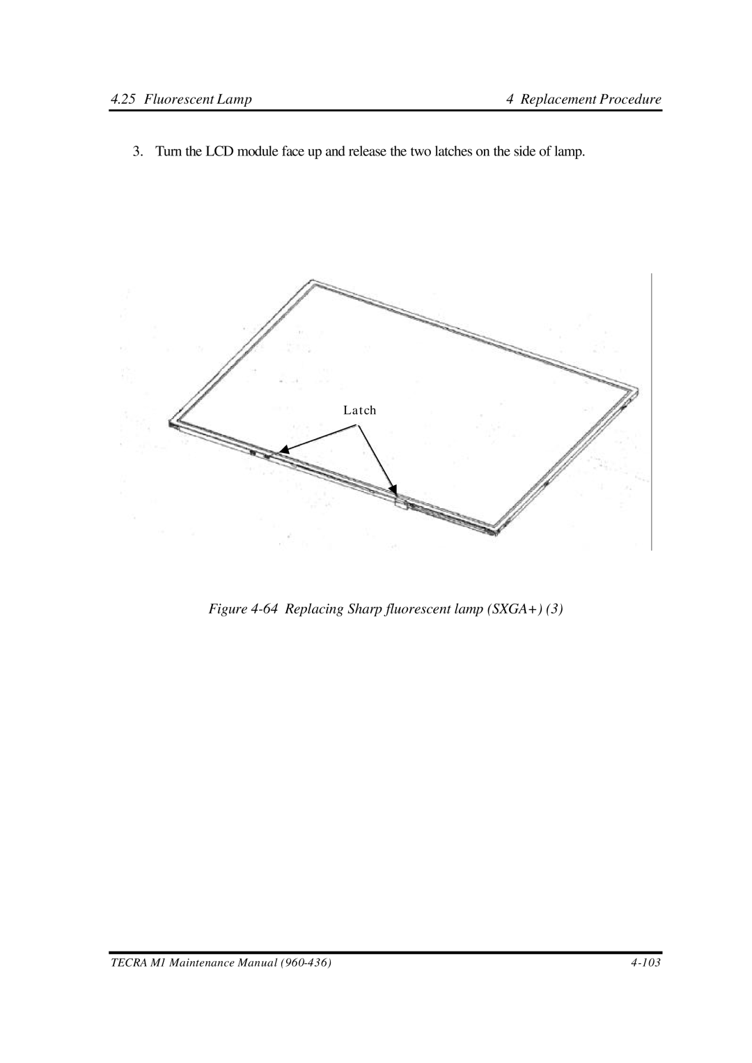 Toshiba M1 manual Fluorescent Lamp4 Replacement Procedure, Replacing Sharp fluorescent lamp SXGA+ 