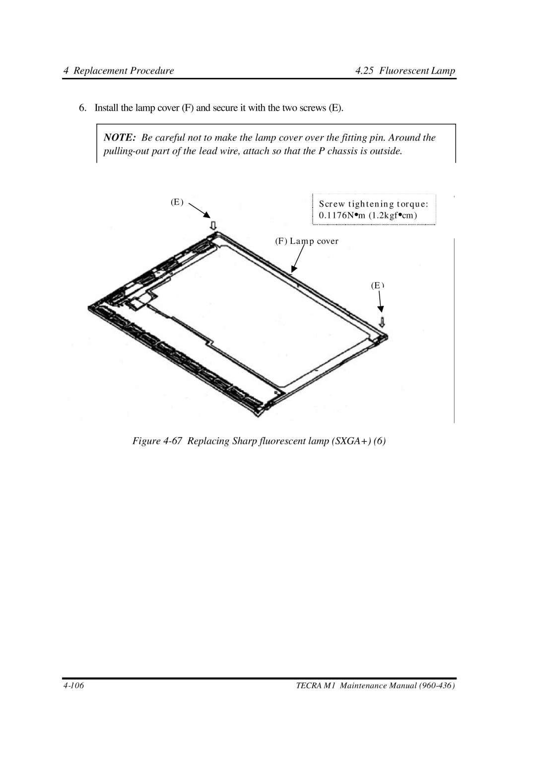 Toshiba M1 manual Replacing Sharp fluorescent lamp SXGA+ 