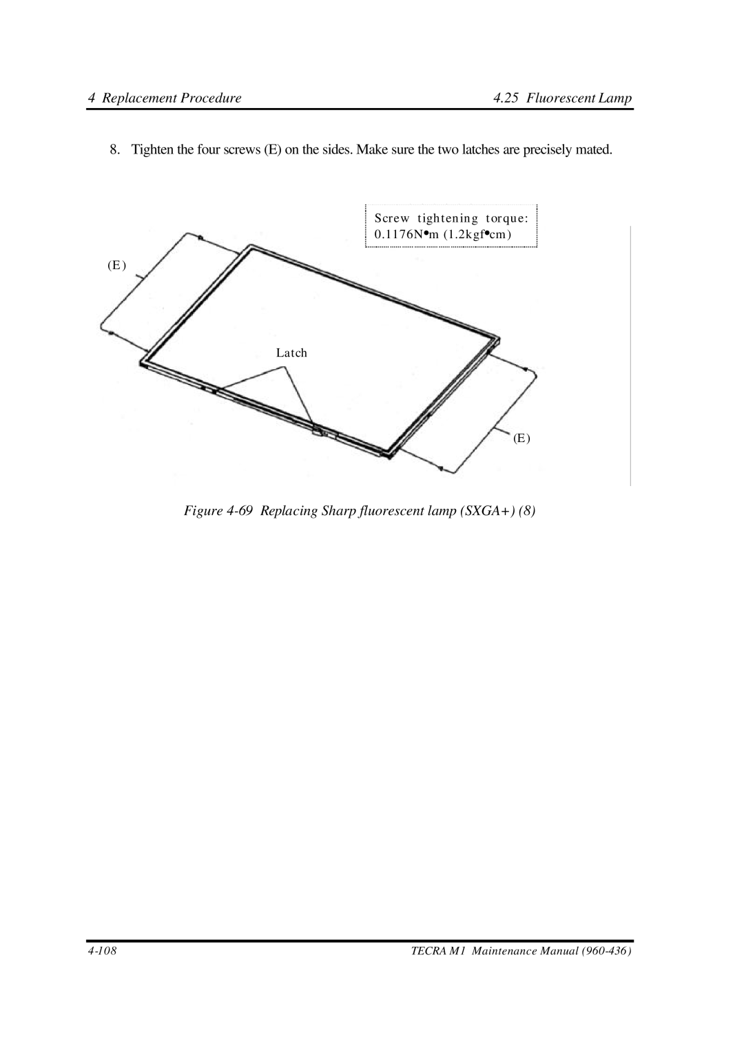 Toshiba M1 manual Replacement Procedure4.25 Fluorescent Lamp, Replacing Sharp fluorescent lamp SXGA+ 