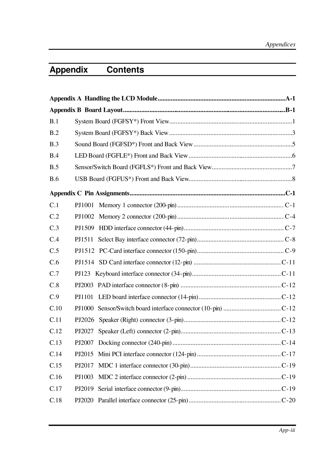 Toshiba M1 manual Appendix Contents 