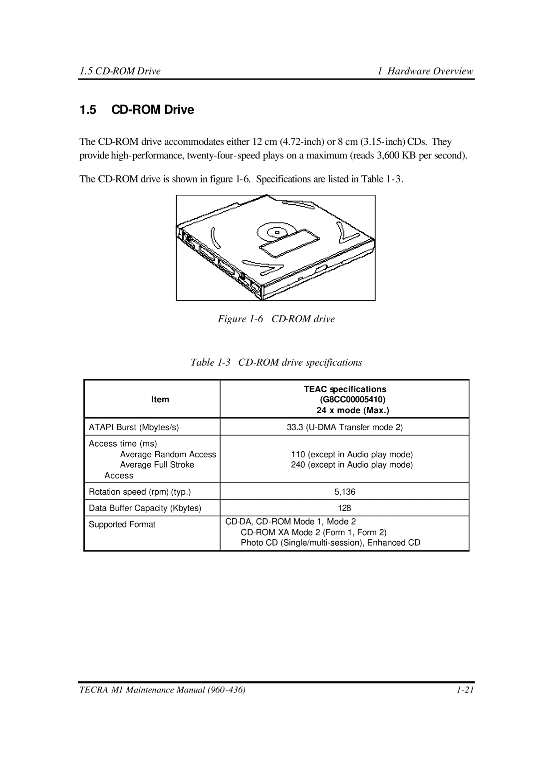 Toshiba M1 manual CD-ROM Drive Hardware Overview, CD-ROM drive specifications 