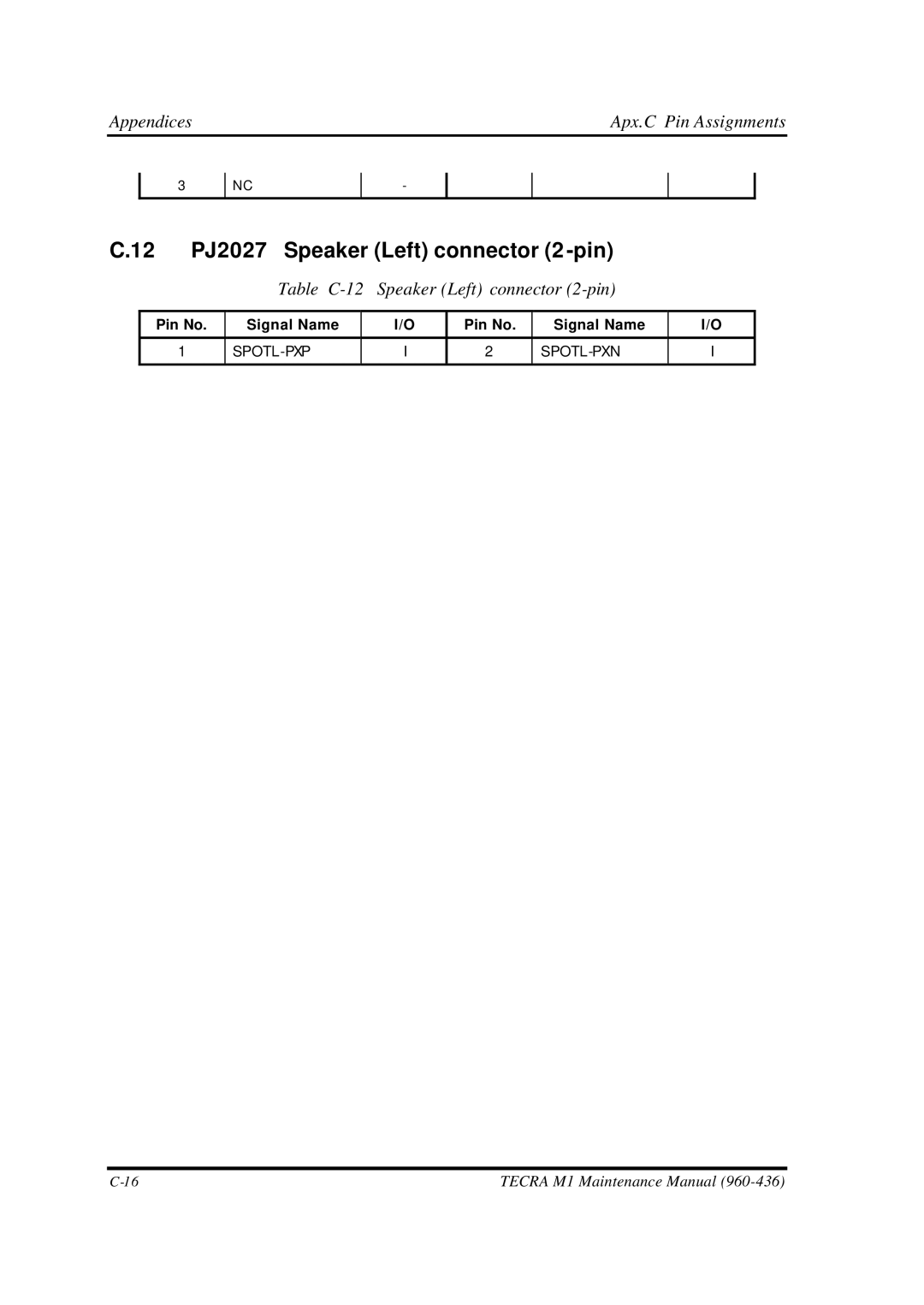 Toshiba M1 manual 12 PJ2027 Speaker Left connector 2 -pin, Table C-12 Speaker Left connector 2-pin 