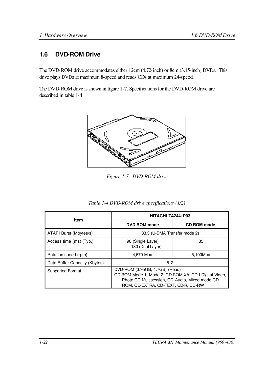 Toshiba M1 manual DVD-ROM Drive, DVD-ROM drive DVD-ROM drive specifications 1/2 