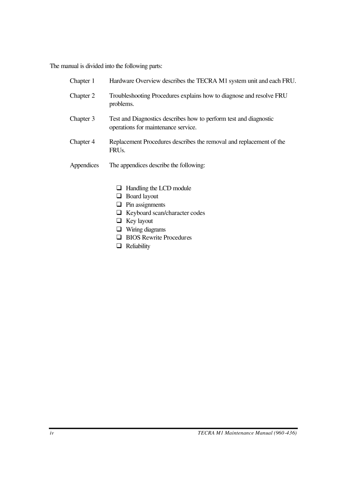 Toshiba M1 manual Appendices describe the following 