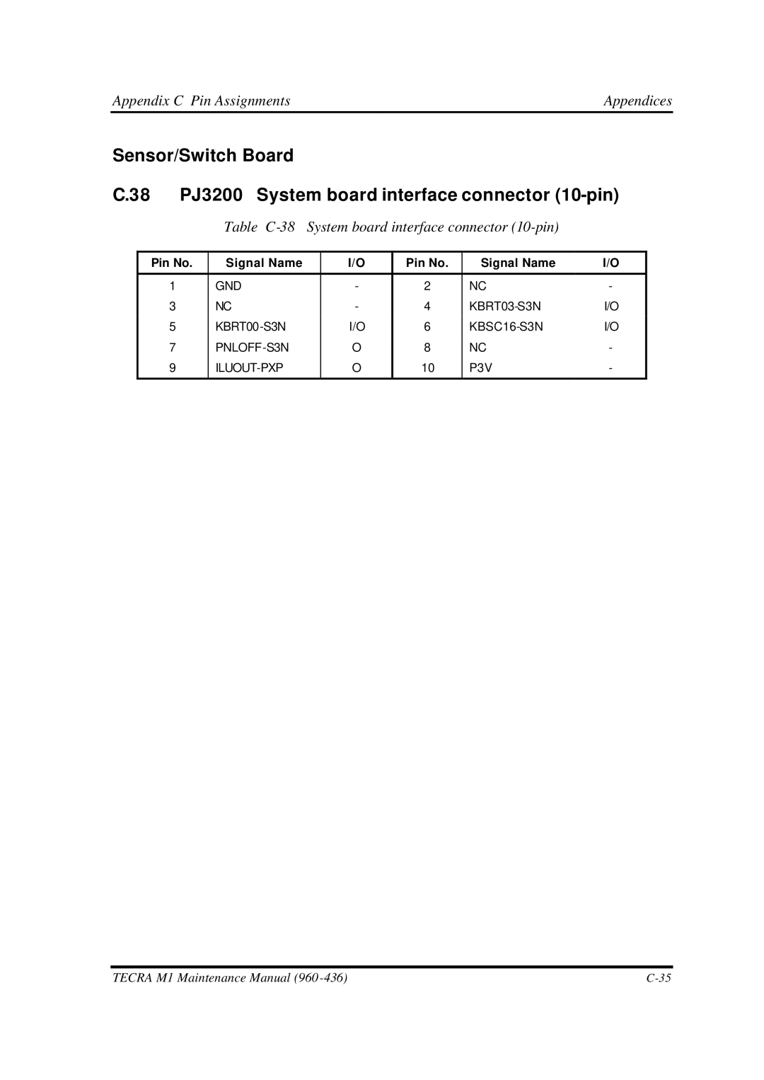 Toshiba M1 manual Table C-38 System board interface connector 10-pin 