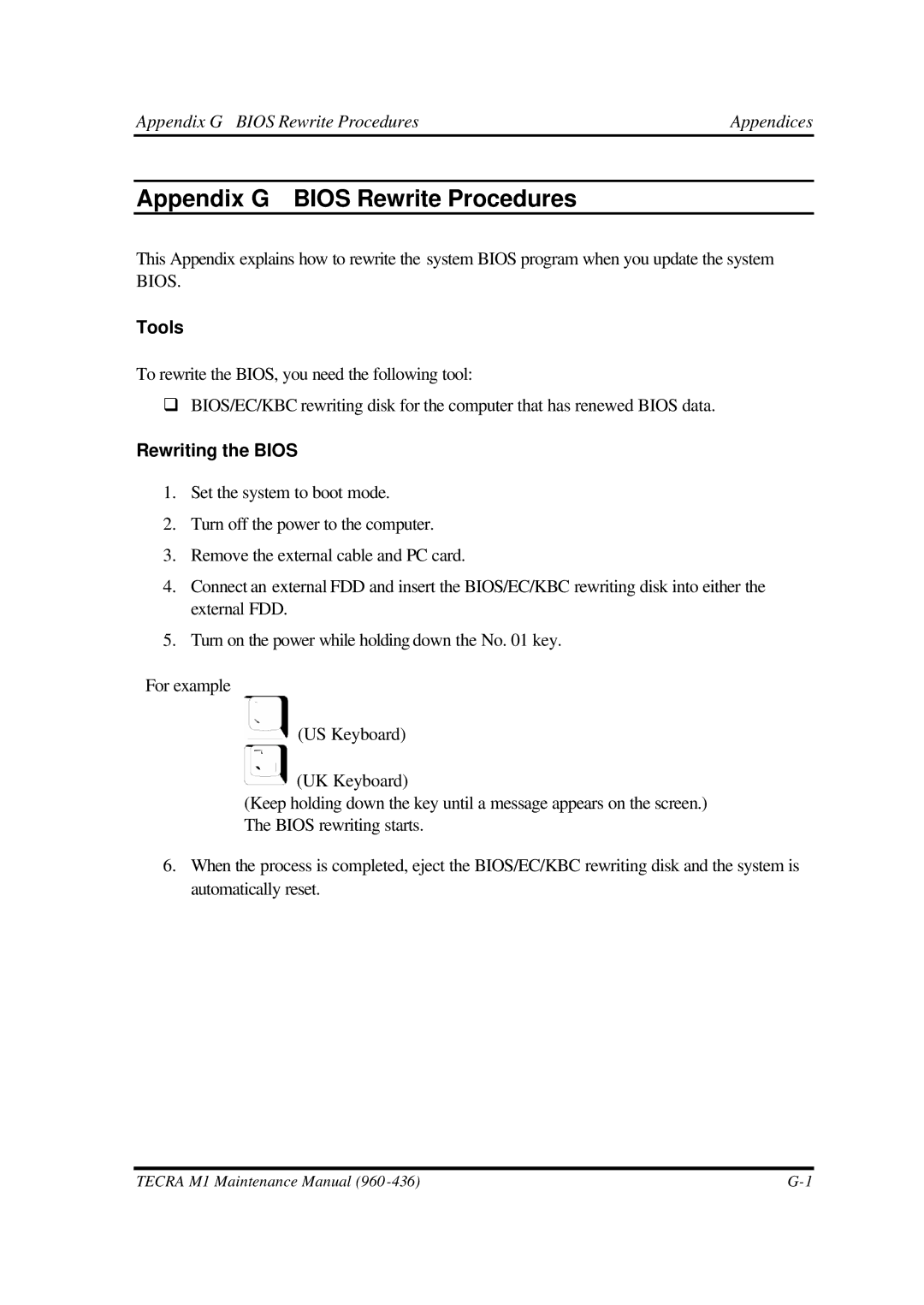 Toshiba M1 manual Appendix G Bios Rewrite Procedures, Tools, Rewriting the Bios 