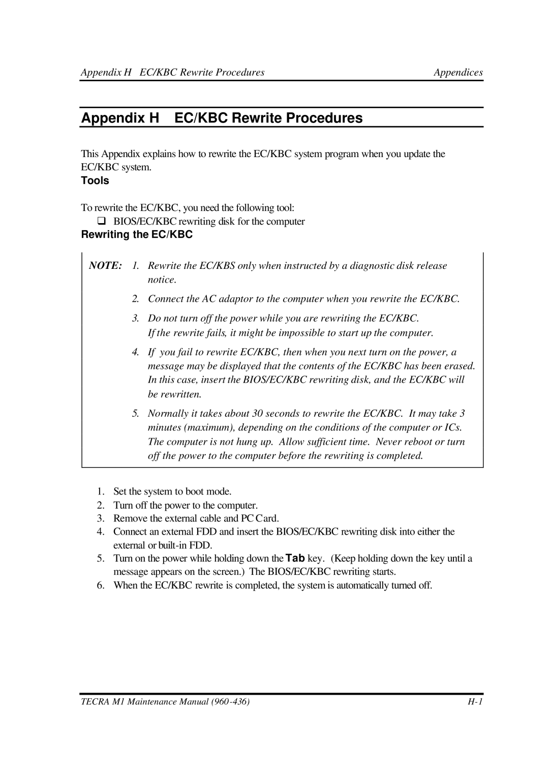 Toshiba M1 manual Appendix H EC/KBC Rewrite Procedures, Rewriting the EC/KBC 