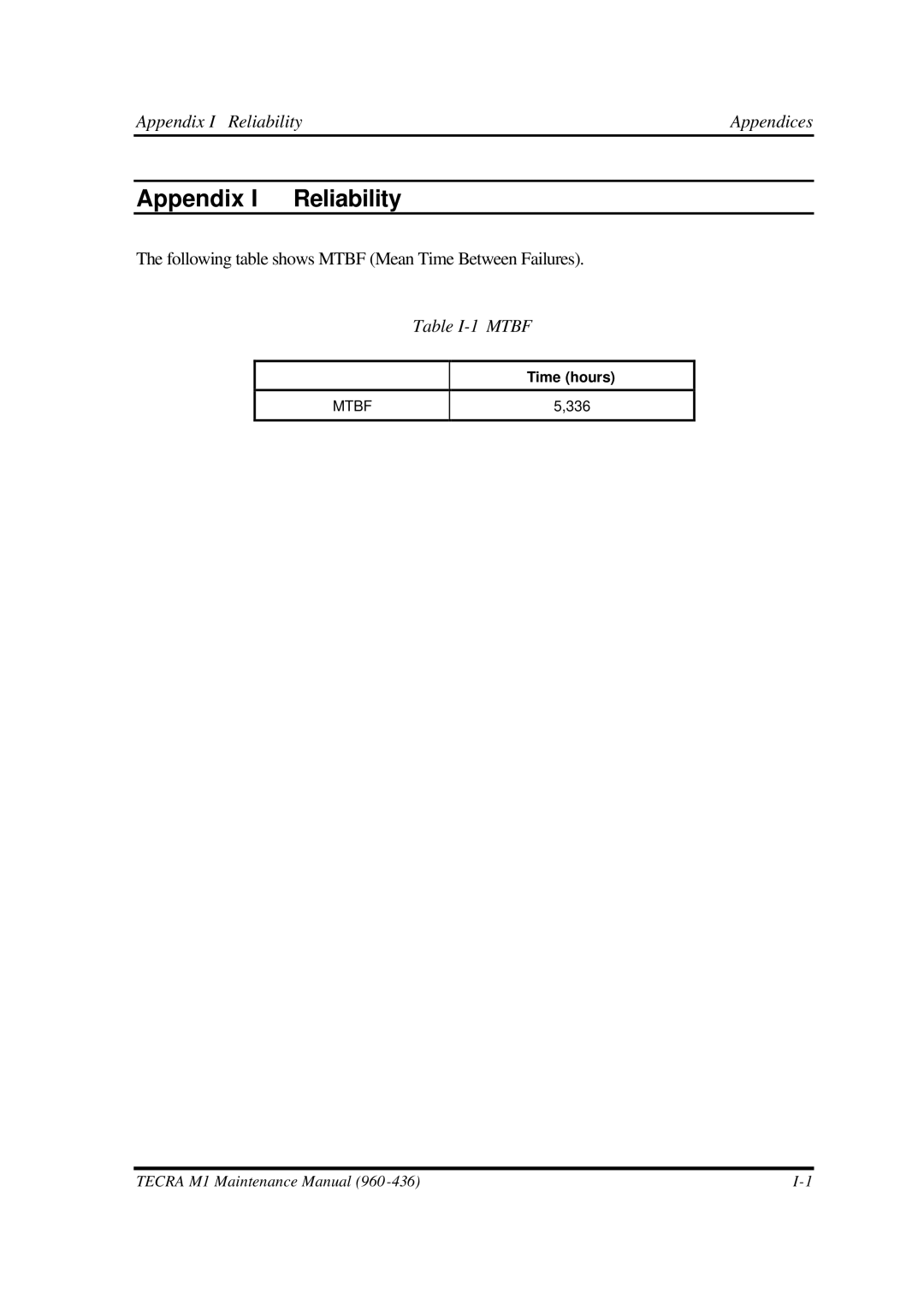 Toshiba M1 manual Appendix I ReliabilityAppendices, Table I-1 Mtbf, Time hours 