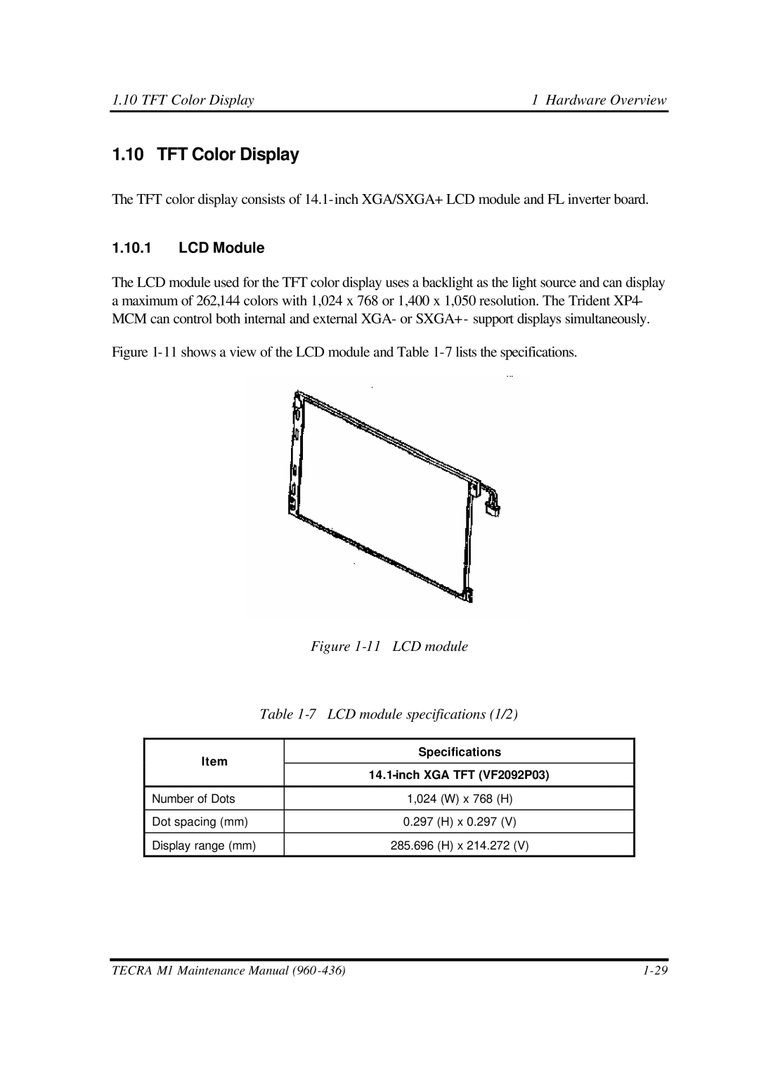 Toshiba M1 manual TFT Color Display Hardware Overview, LCD Module 