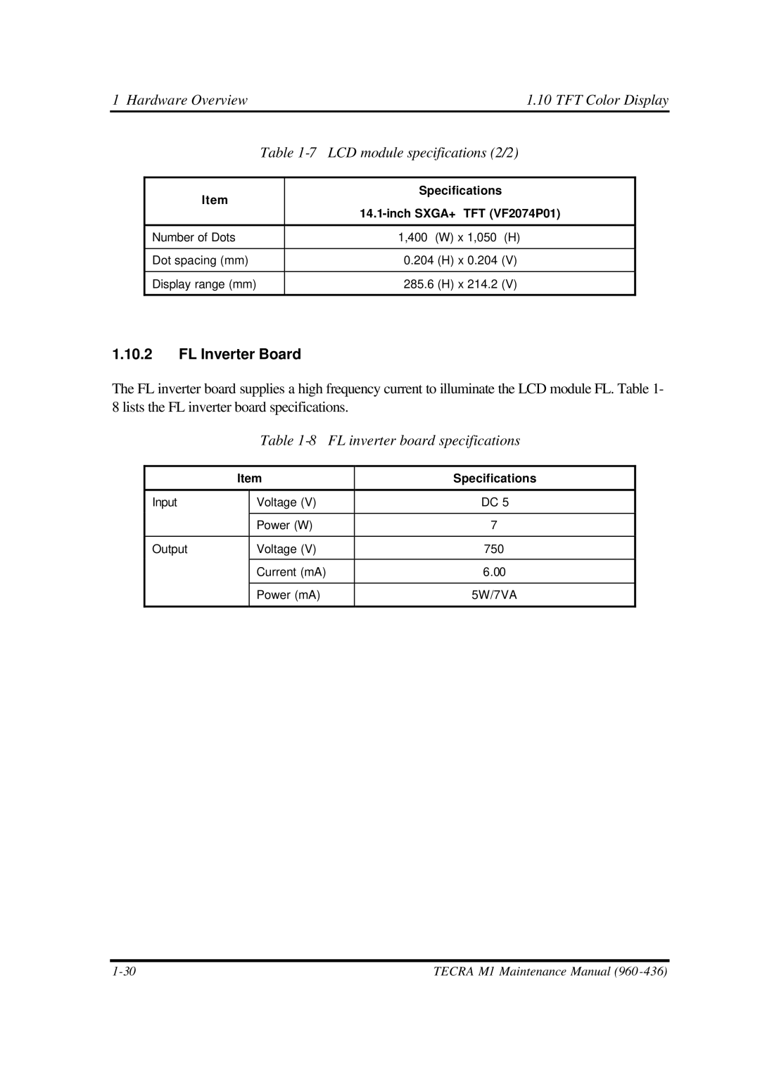 Toshiba M1 manual LCD module specifications 2/2, FL Inverter Board, FL inverter board specifications 