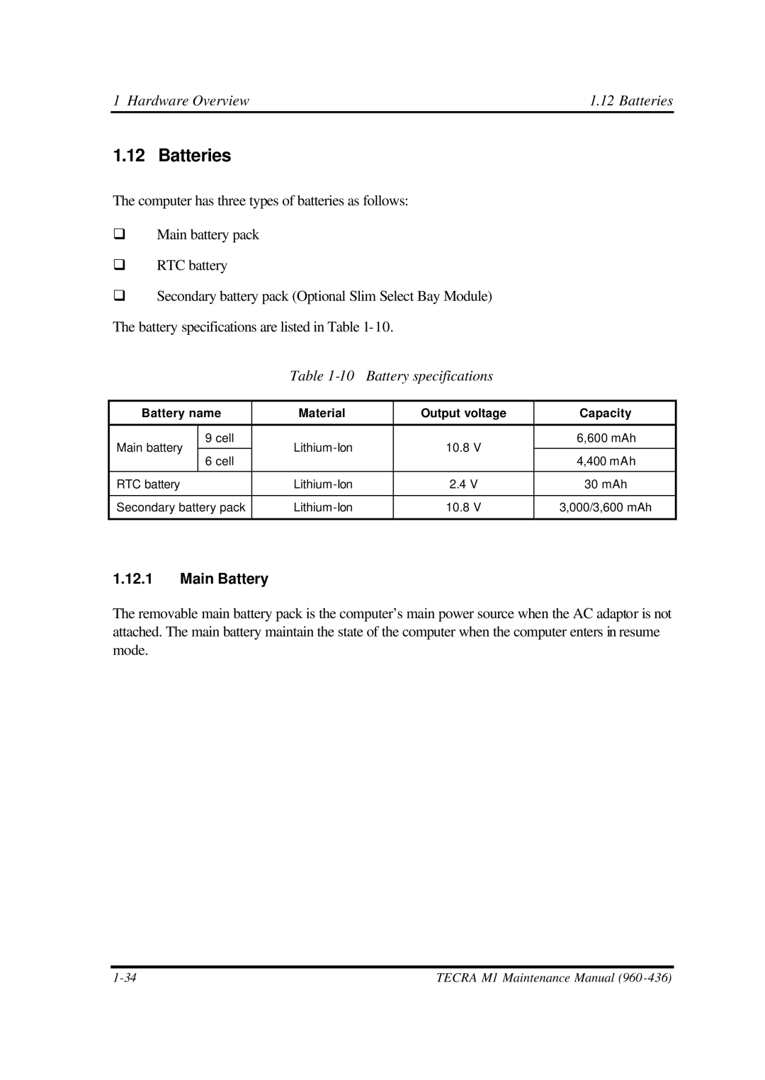 Toshiba M1 manual Batteries, Battery specifications, Main Battery, Battery name Material Output voltage Capacity 