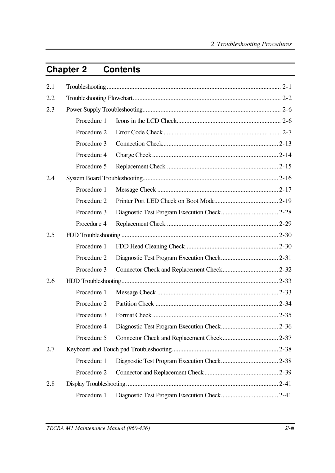 Toshiba M1 manual Chapter Contents 