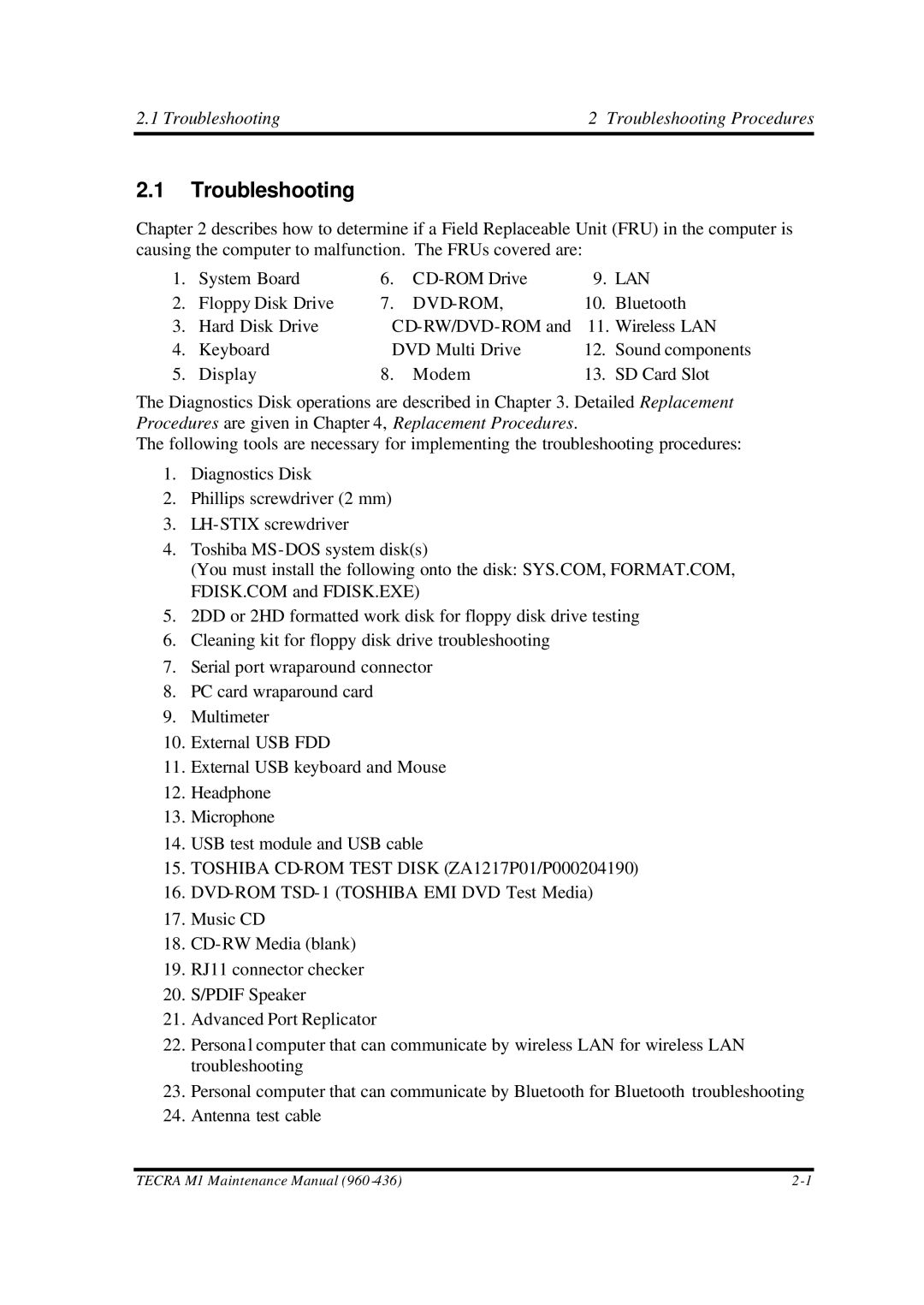 Toshiba M1 manual Troubleshooting Troubleshooting Procedures 