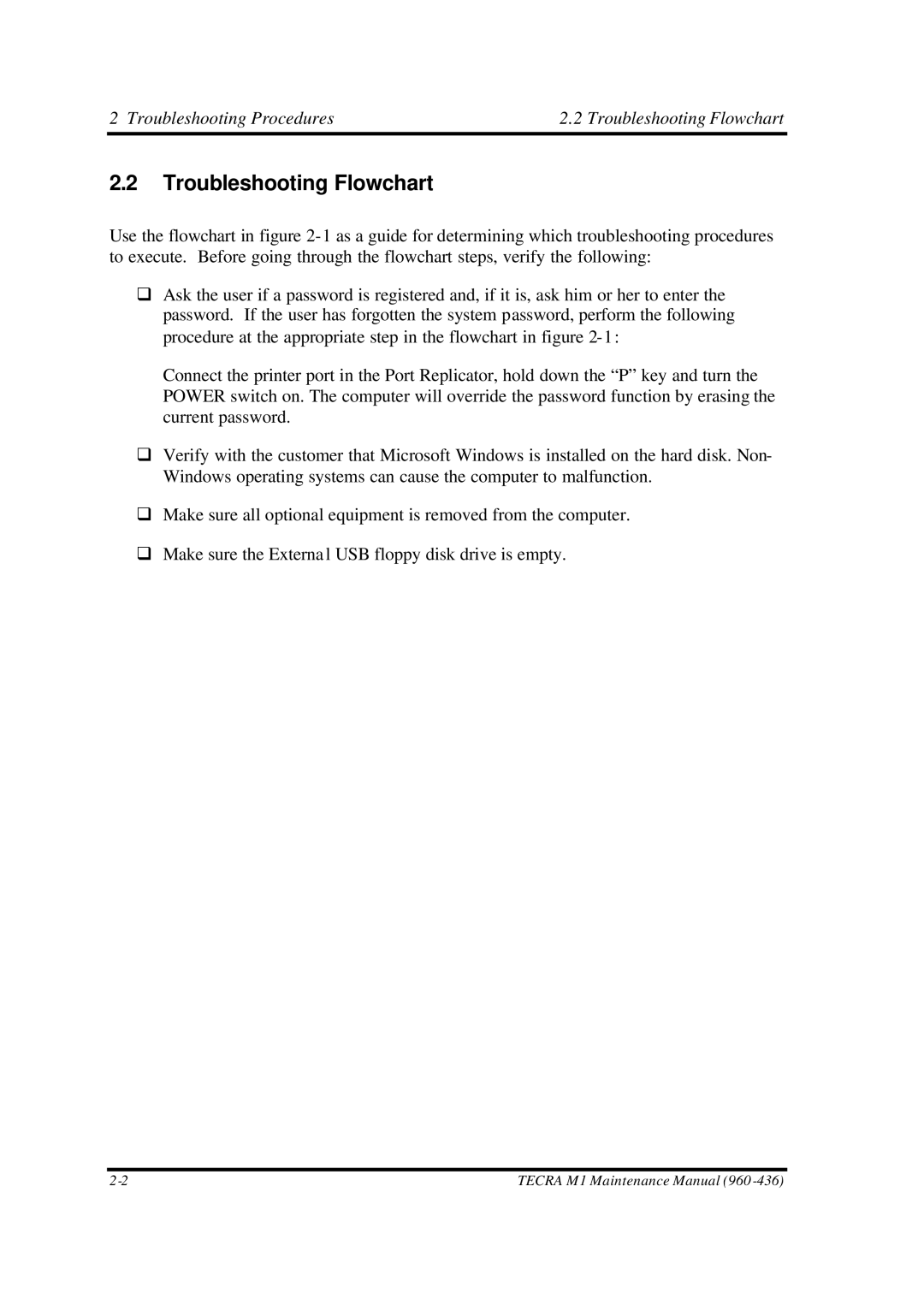 Toshiba M1 manual Troubleshooting Flowchart 