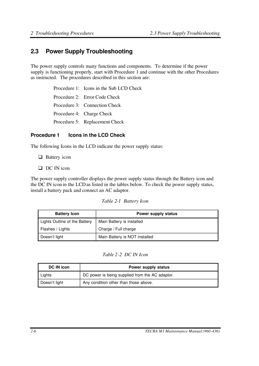 Toshiba M1 manual Power Supply Troubleshooting, Procedure 1 Icons in the LCD Check, Battery Icon, DC in Icon 