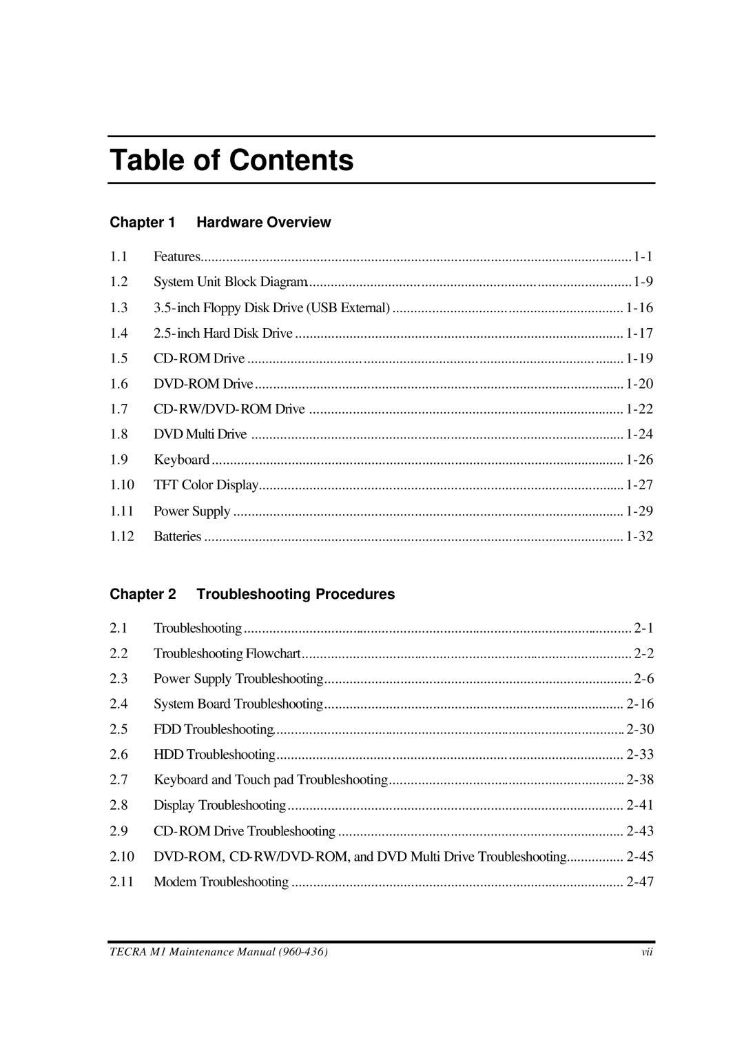 Toshiba M1 manual Table of Contents 