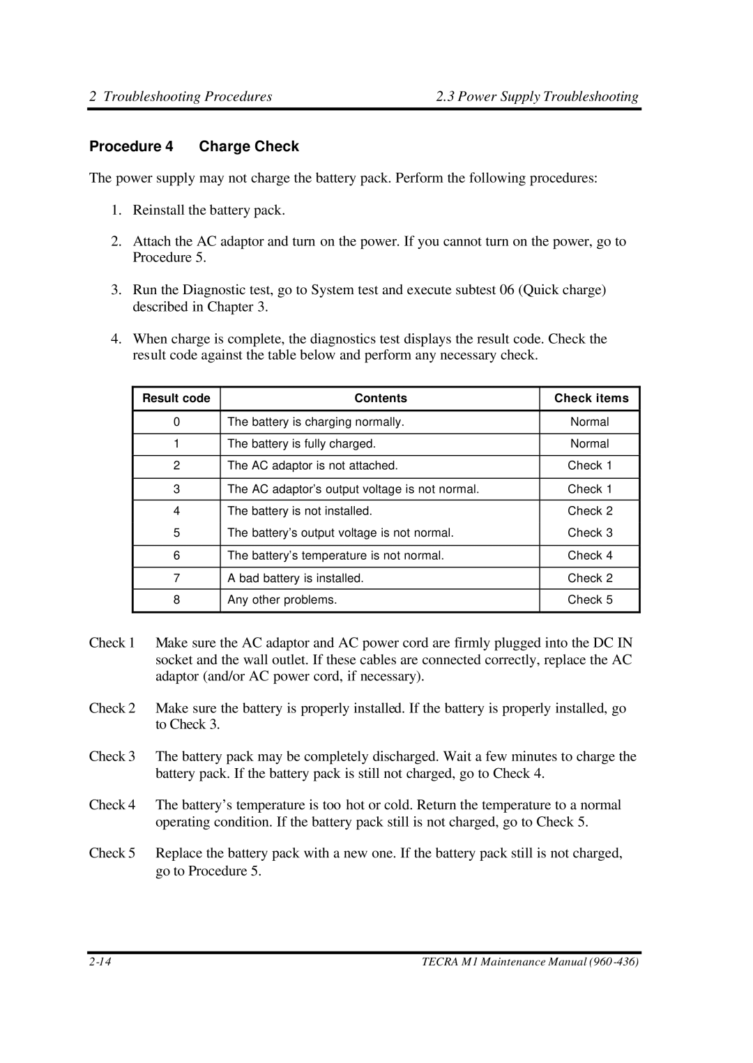 Toshiba M1 manual Procedure 4 Charge Check, Result code Contents Check items 