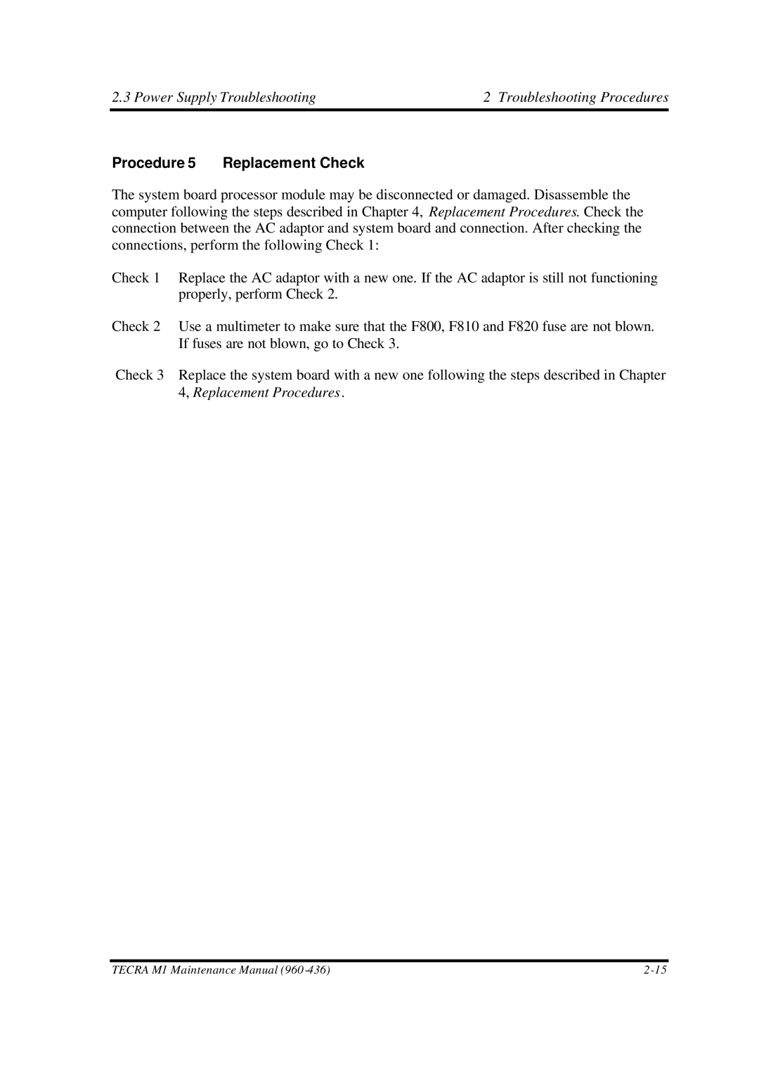 Toshiba M1 manual Procedure 5 Replacement Check 