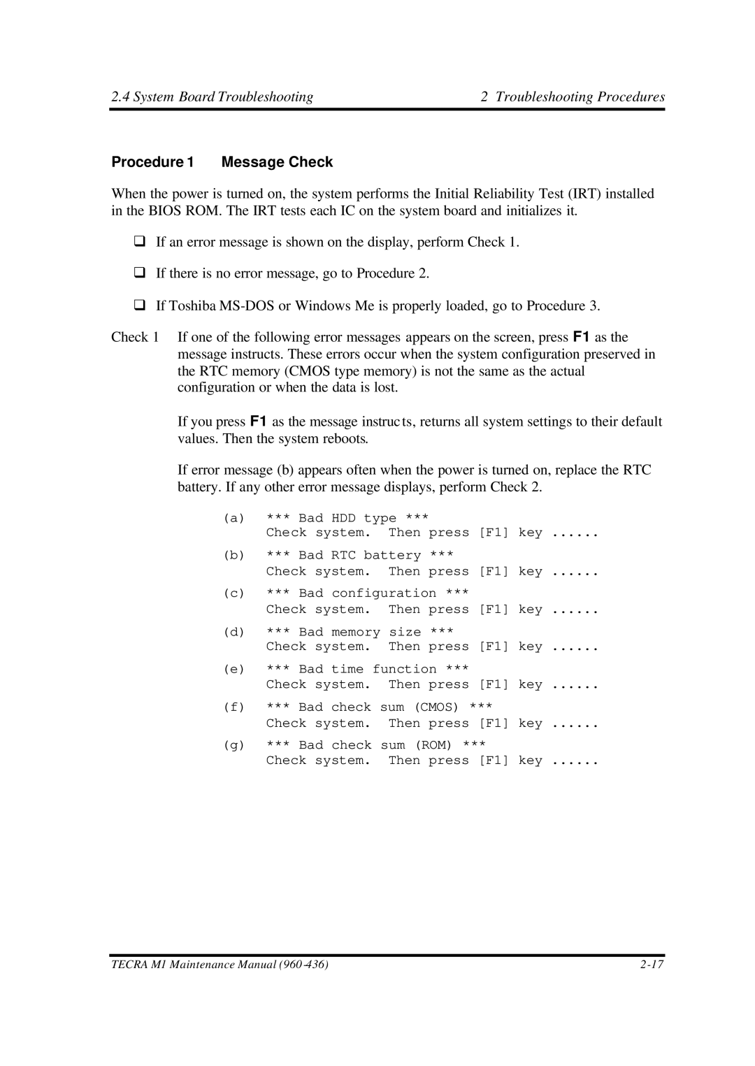 Toshiba M1 manual System Board Troubleshooting Troubleshooting Procedures, Procedure 1 Message Check 