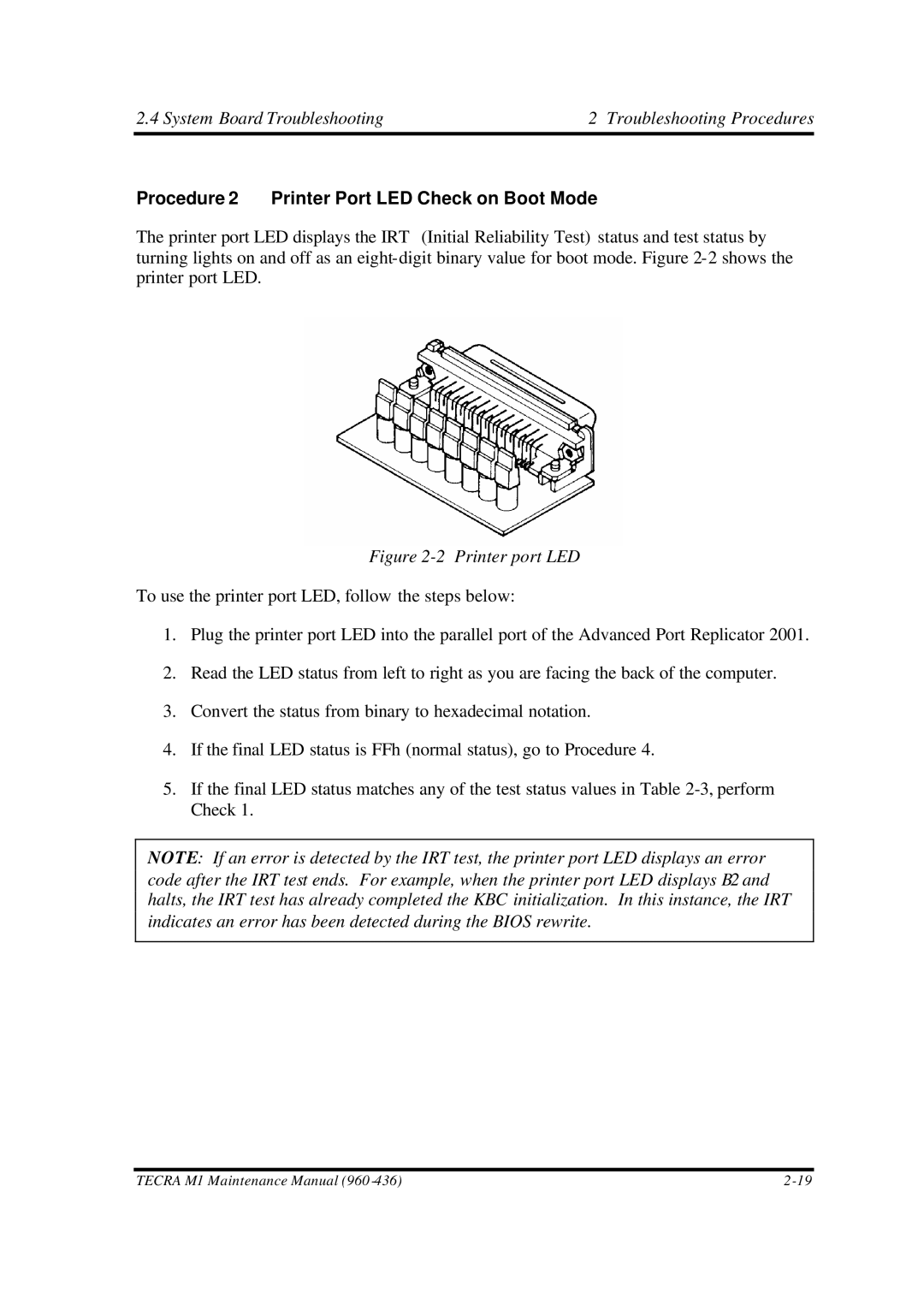 Toshiba M1 manual Procedure 2 Printer Port LED Check on Boot Mode, Printer port LED 