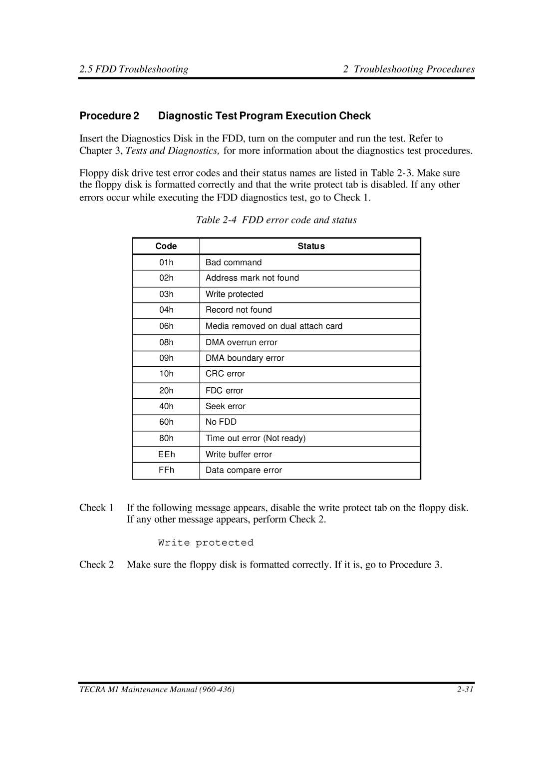 Toshiba M1 FDD Troubleshooting Troubleshooting Procedures, Procedure 2 Diagnostic Test Program Execution Check, Status 