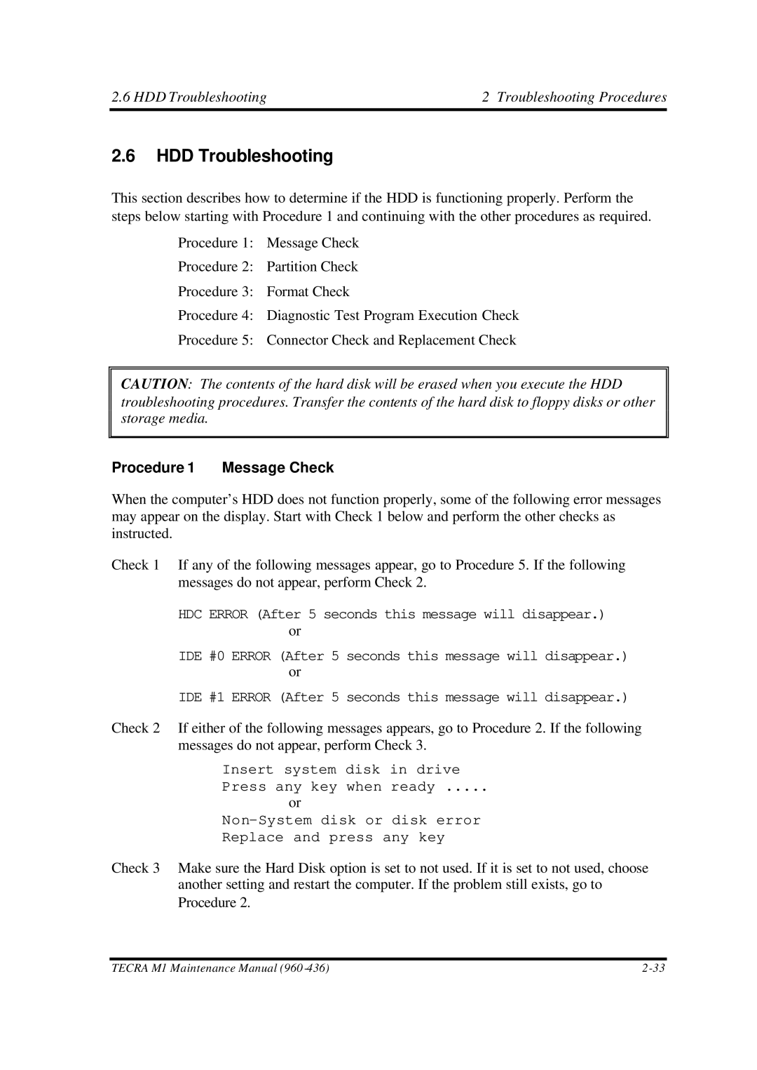 Toshiba M1 manual HDD Troubleshooting Troubleshooting Procedures 