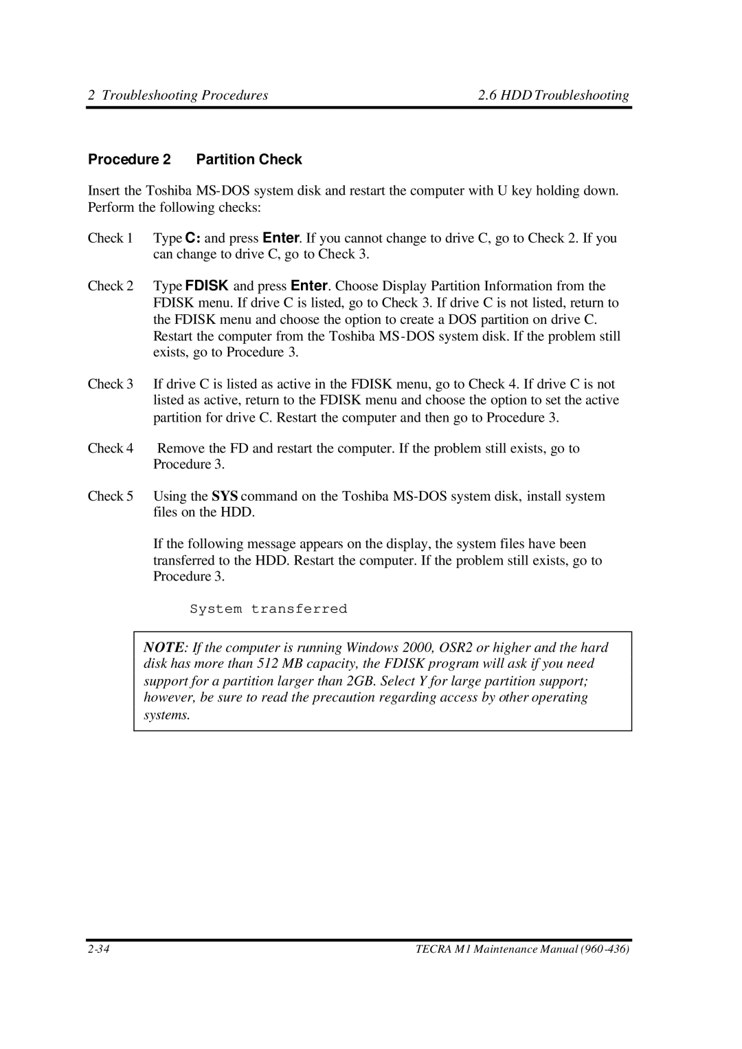 Toshiba M1 manual Procedure 2 Partition Check 