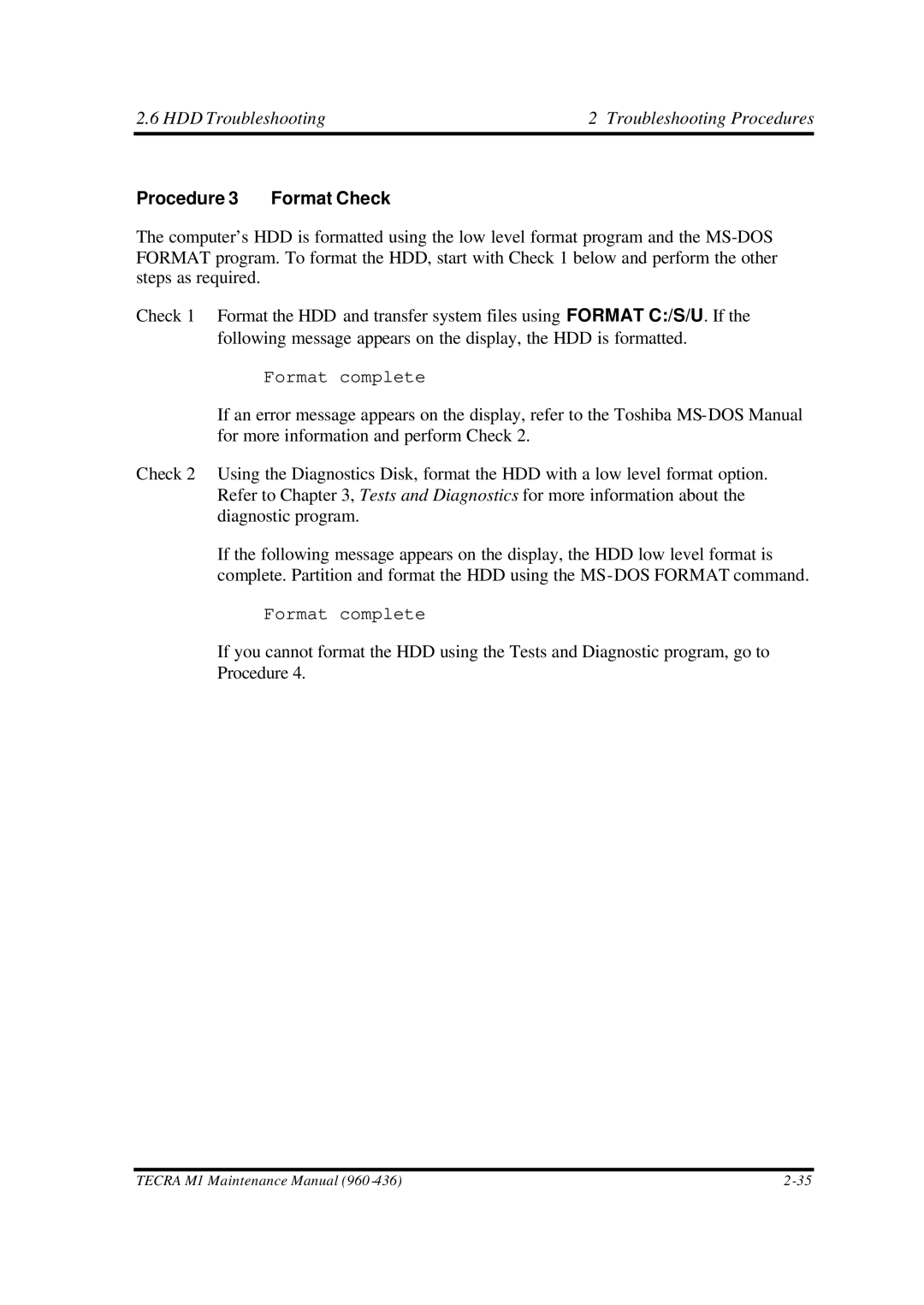 Toshiba M1 manual Procedure 3 Format Check 