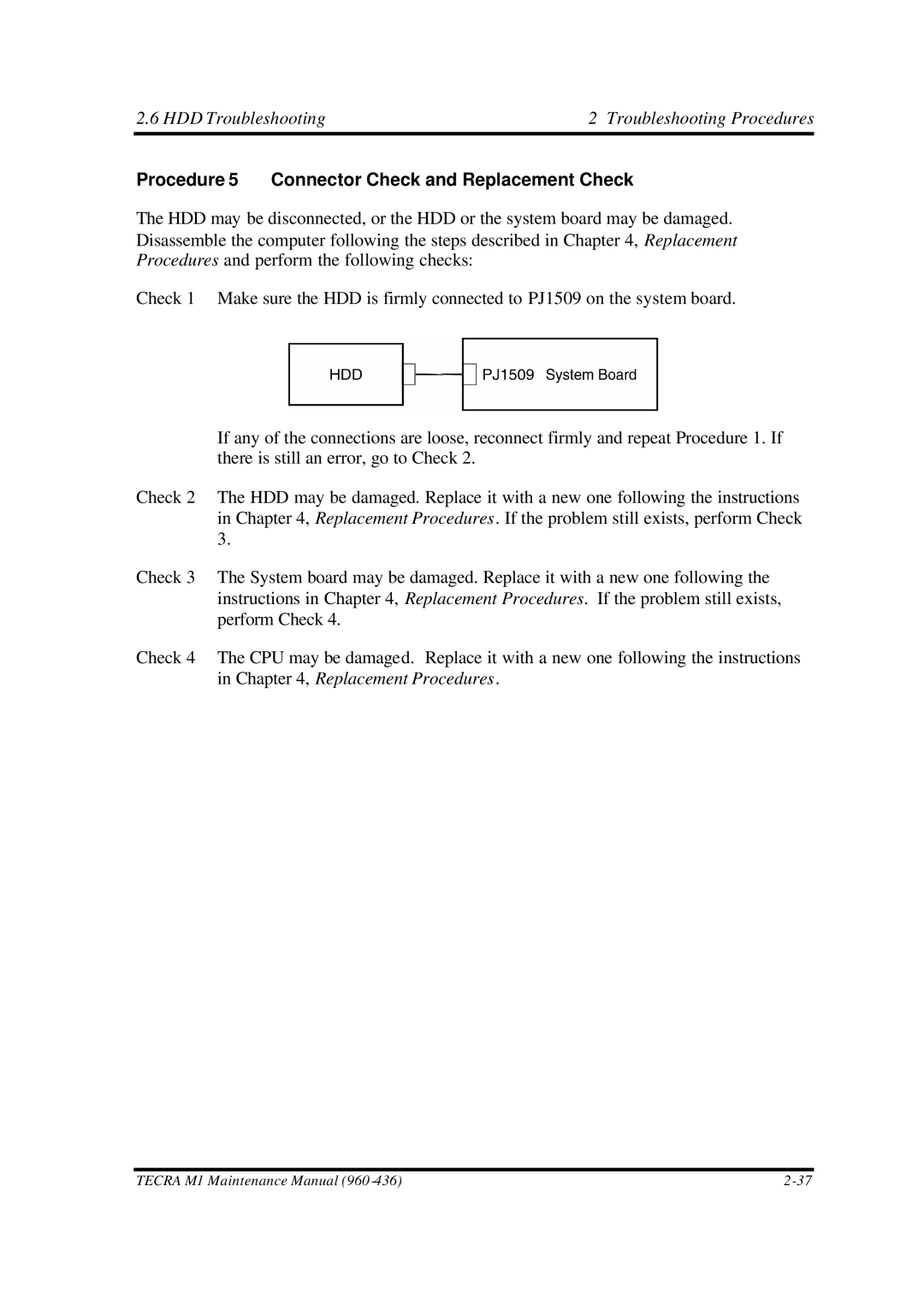 Toshiba M1 manual Procedure 5 Connector Check and Replacement Check 