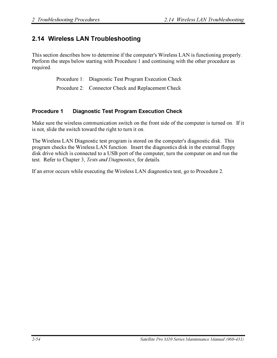 Toshiba M10 manual Troubleshooting Procedures Wireless LAN Troubleshooting 