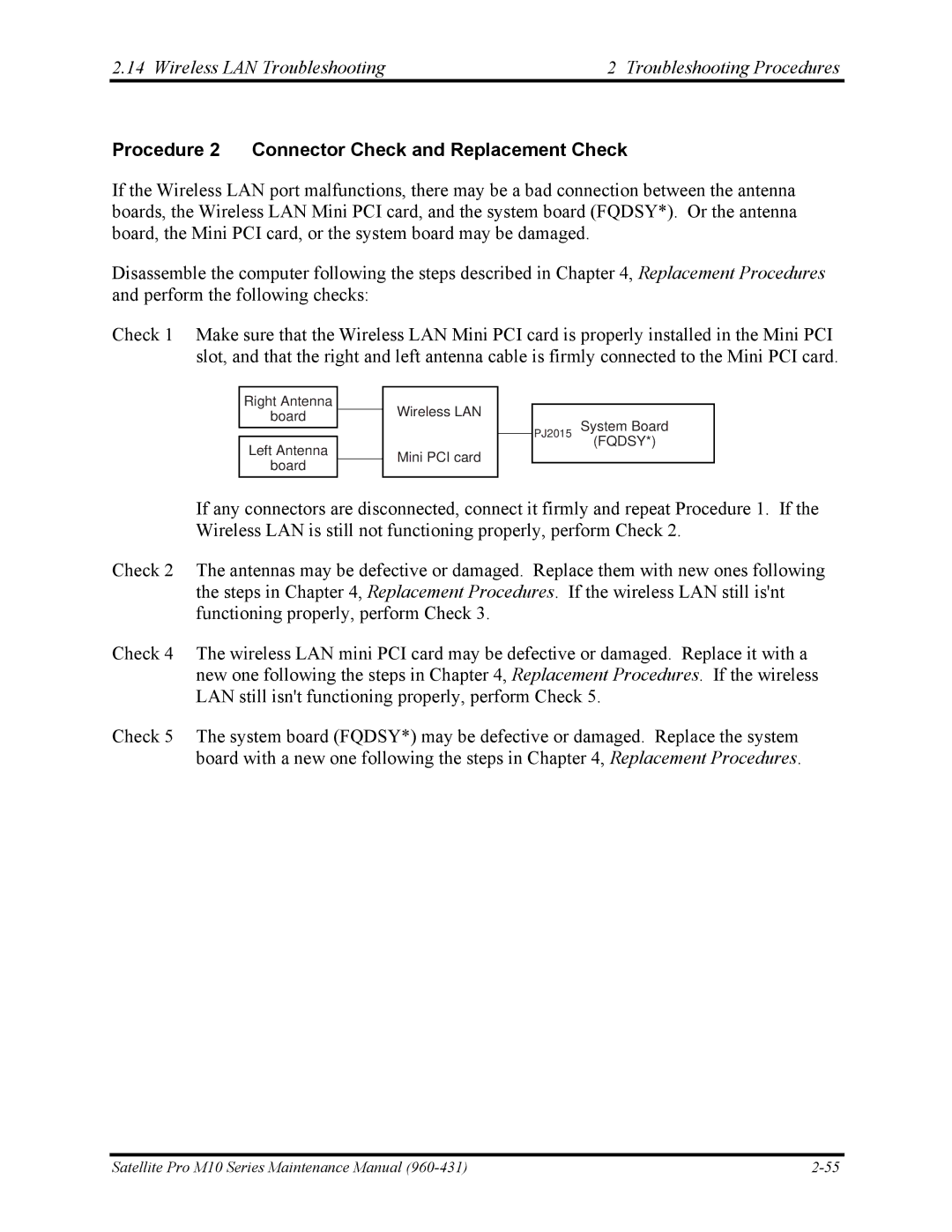 Toshiba M10 manual Wireless LAN Troubleshooting Troubleshooting Procedures 