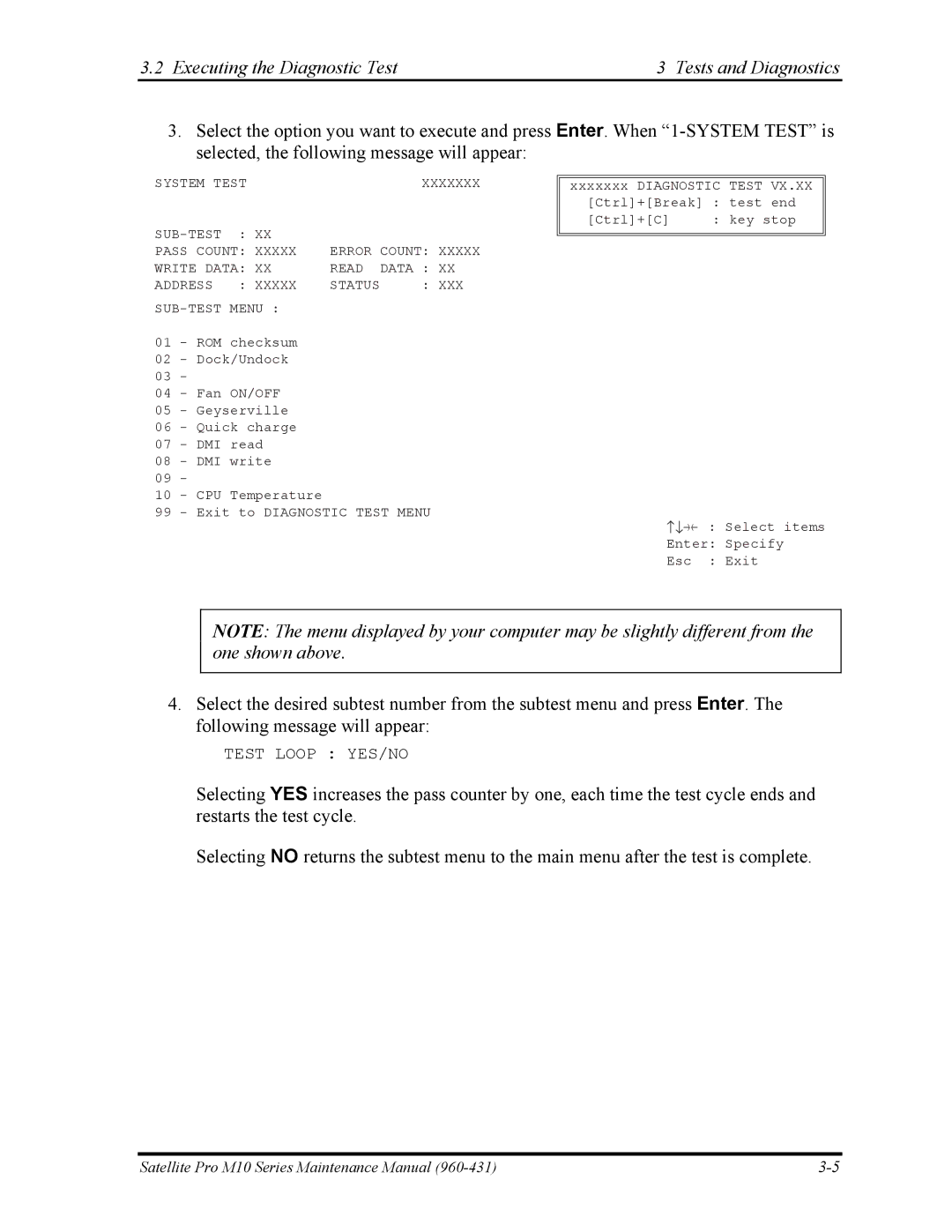 Toshiba M10 manual Test Loop YES/NO 