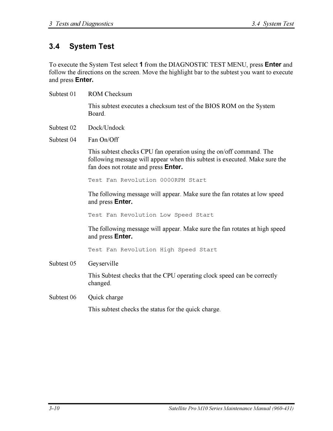 Toshiba M10 manual Tests and Diagnostics System Test 