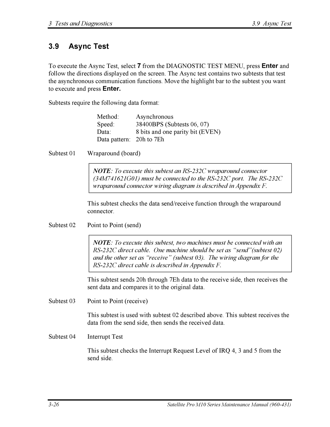 Toshiba M10 manual Tests and Diagnostics Async Test, Other set as receive subtest 03. The wiring diagram for 