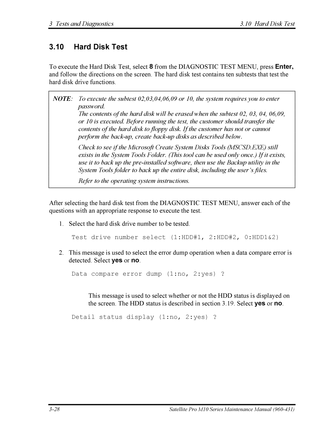 Toshiba M10 manual Tests and Diagnostics Hard Disk Test 