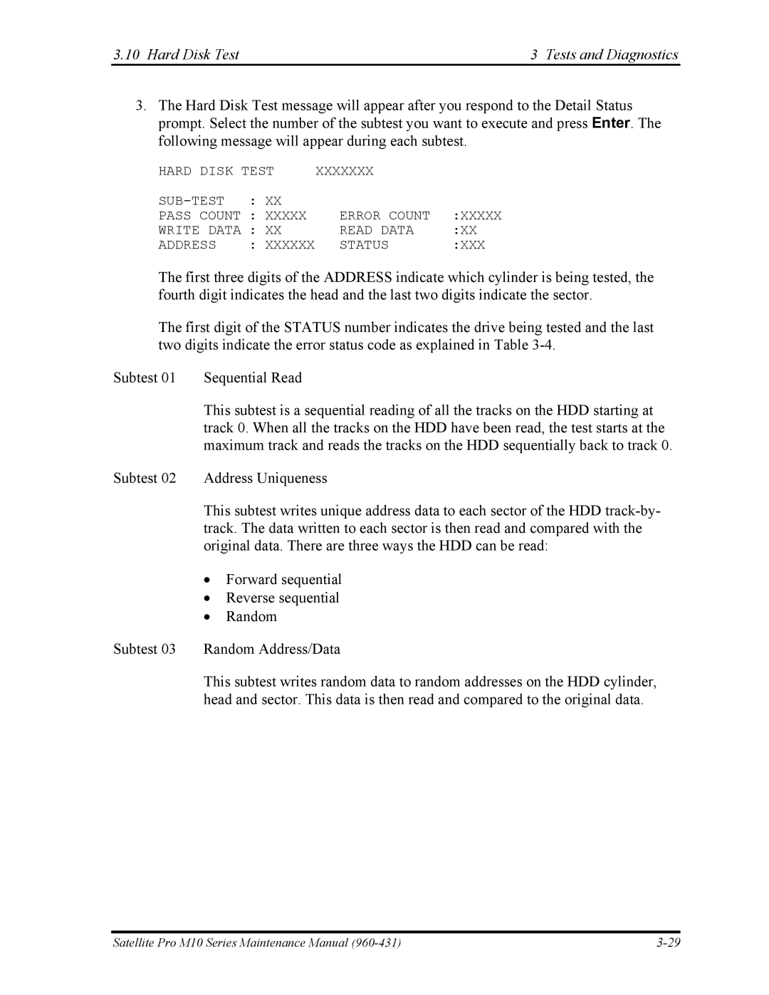 Toshiba M10 manual Hard Disk Test Tests and Diagnostics 