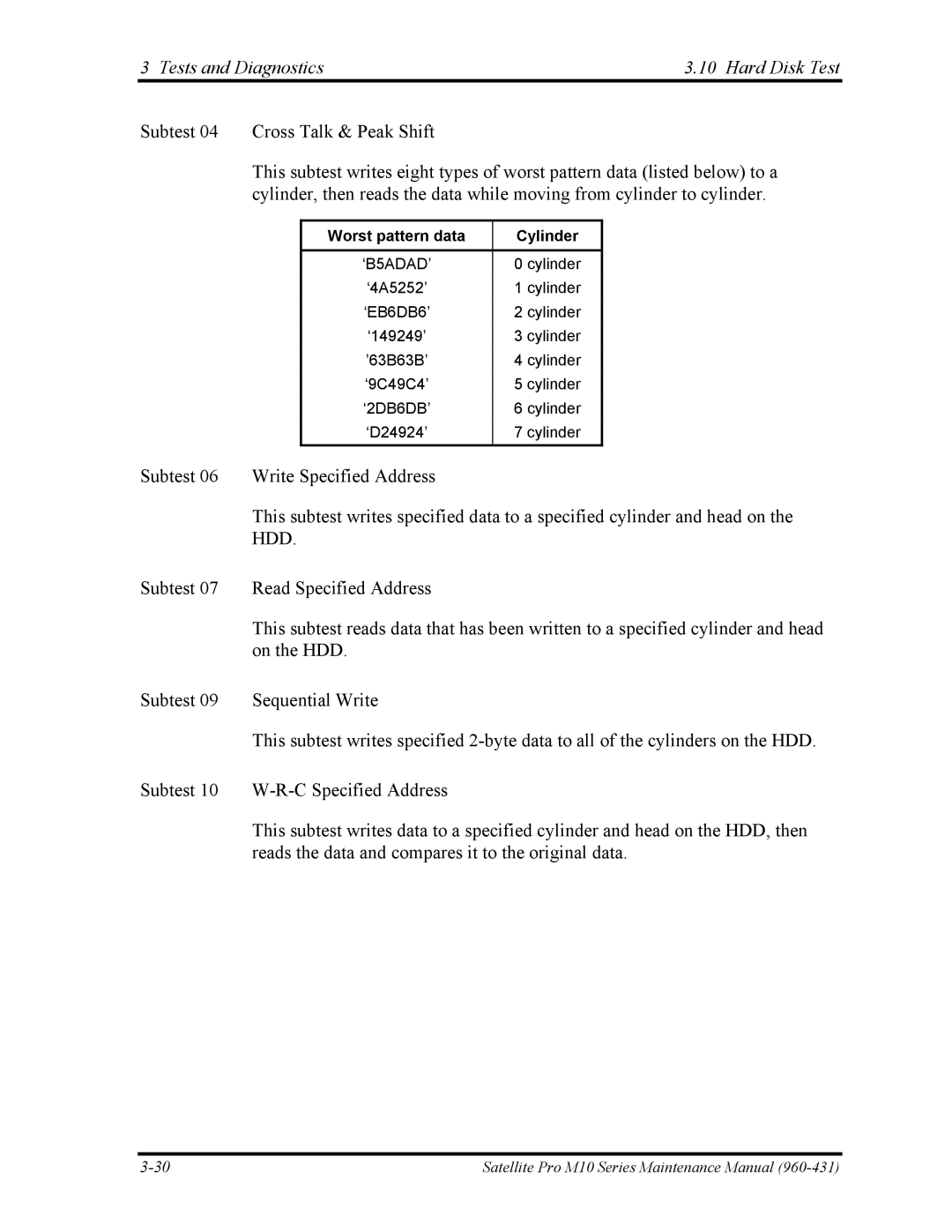 Toshiba M10 manual Worst pattern data Cylinder 