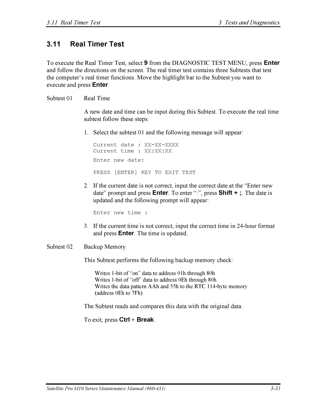 Toshiba M10 manual Real Timer Test Tests and Diagnostics 