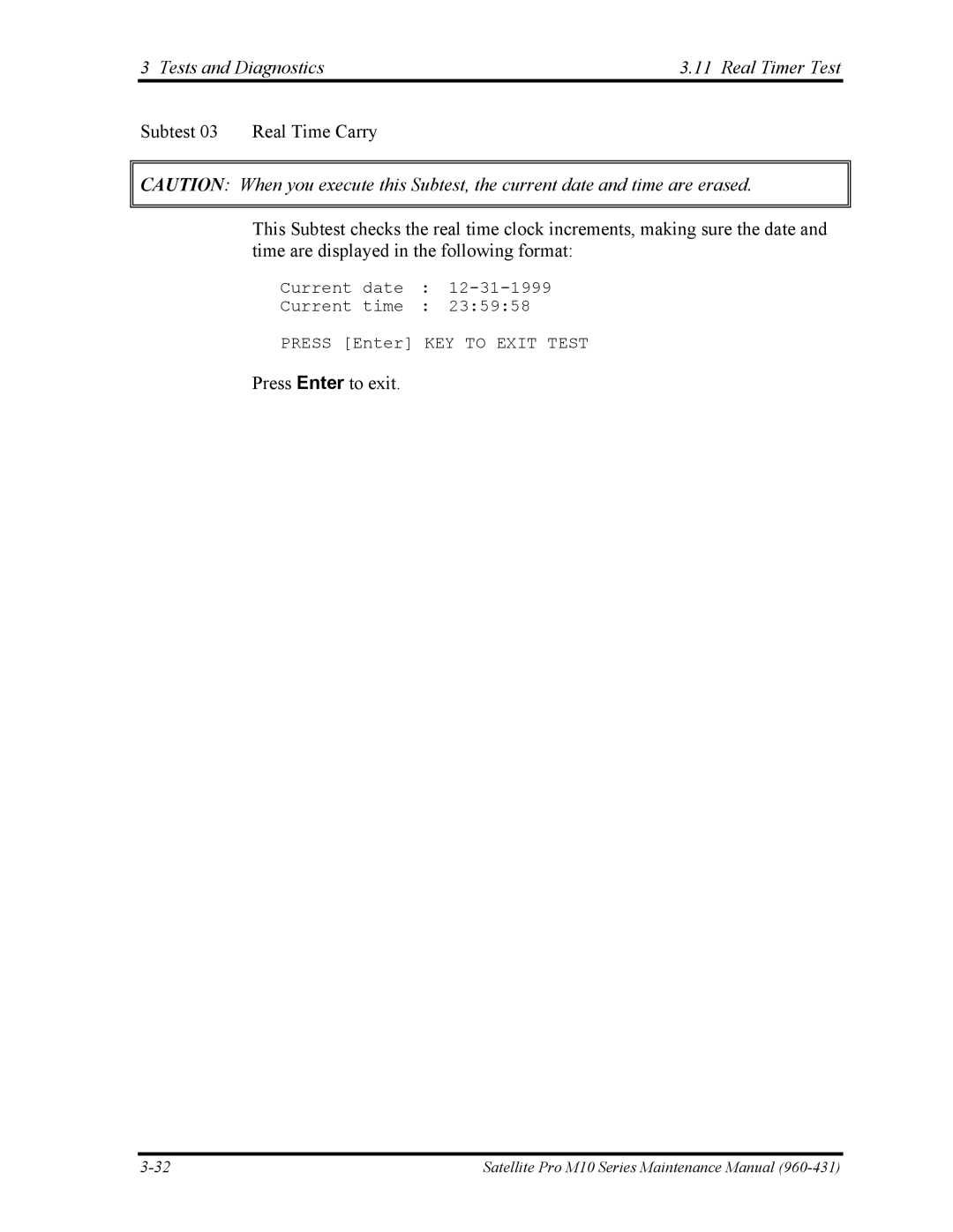 Toshiba M10 manual Tests and Diagnostics Real Timer Test 