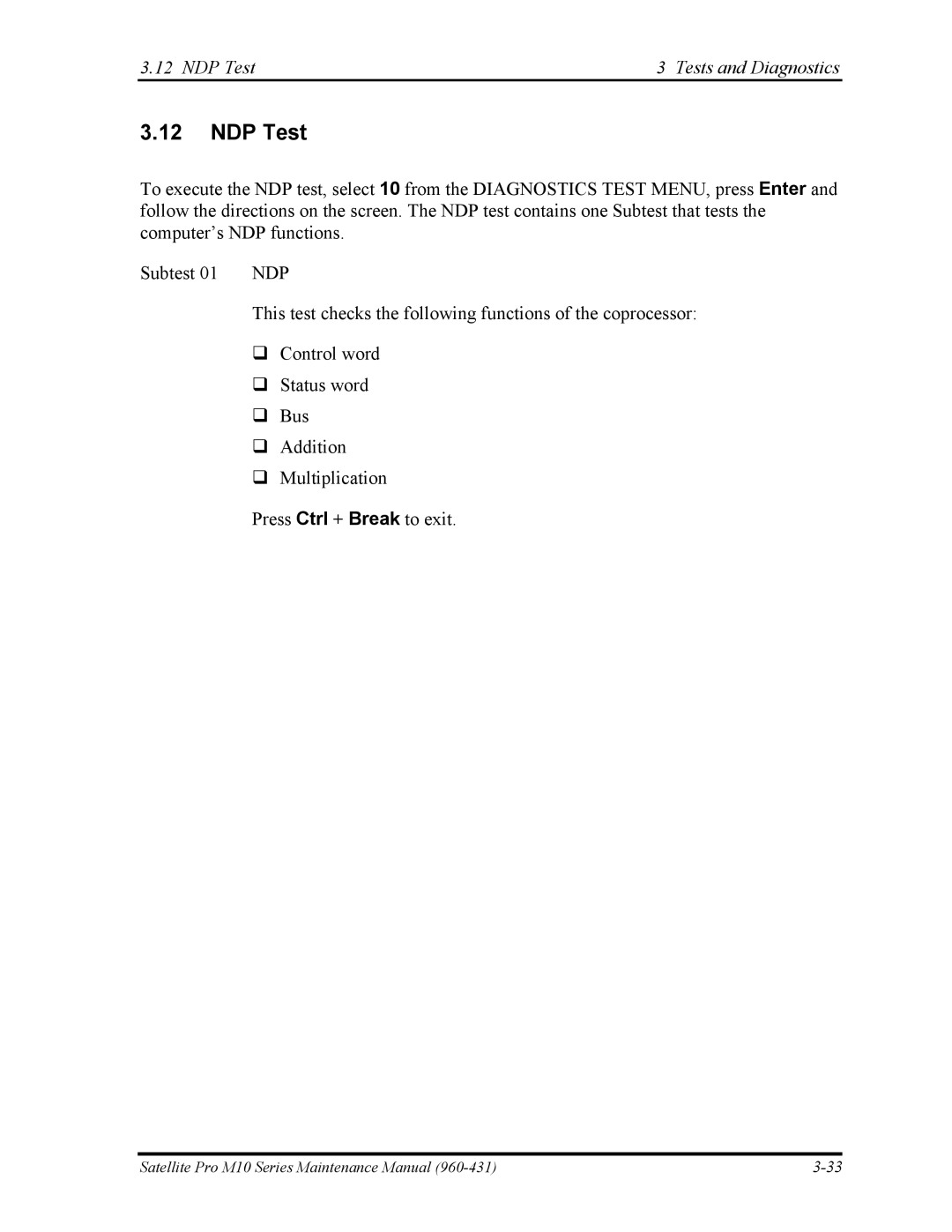 Toshiba M10 manual NDP Test Tests and Diagnostics 