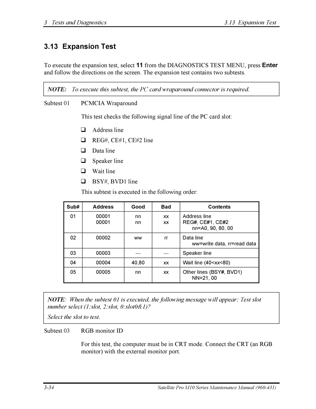 Toshiba M10 manual Tests and Diagnostics Expansion Test, Select the slot to test 