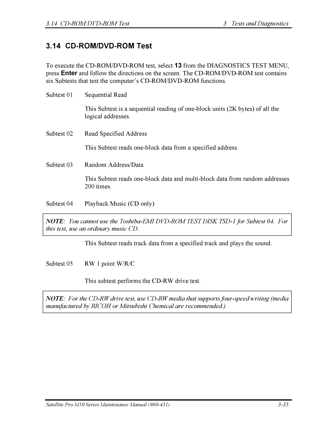 Toshiba M10 manual CD-ROM/DVD-ROM Test Tests and Diagnostics 