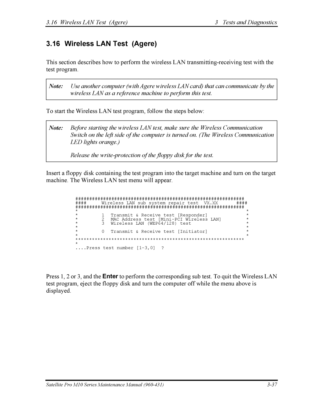 Toshiba M10 manual Wireless LAN Test Agere Tests and Diagnostics 