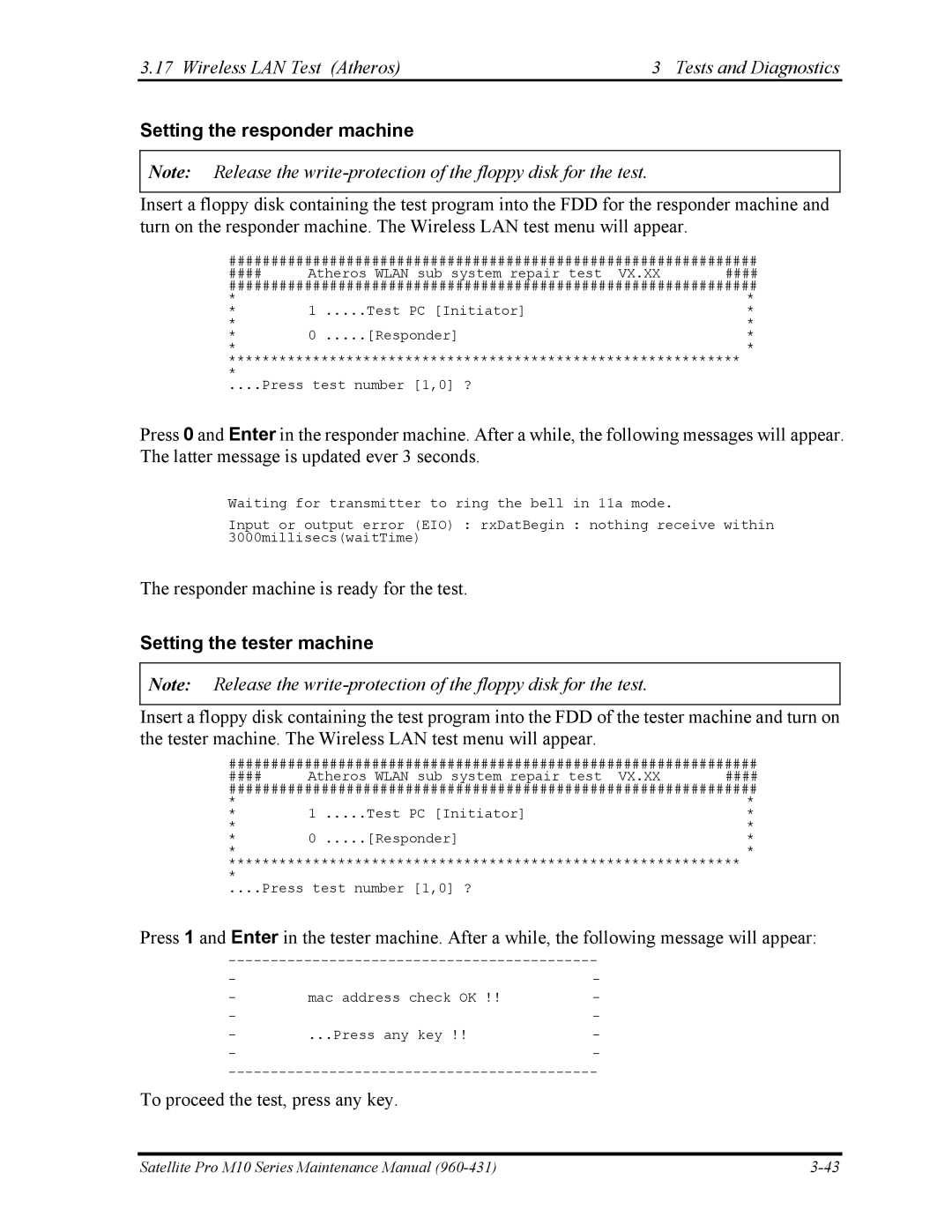 Toshiba M10 Wireless LAN Test Atheros Tests and Diagnostics, Setting the responder machine, Setting the tester machine 