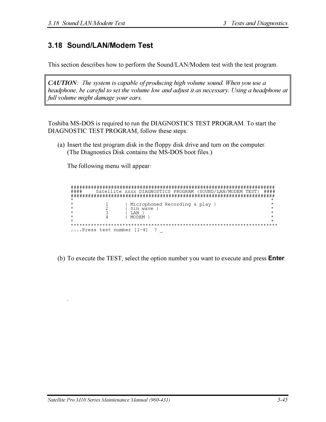 Toshiba M10 manual Sound/LAN/Modem Test Tests and Diagnostics 