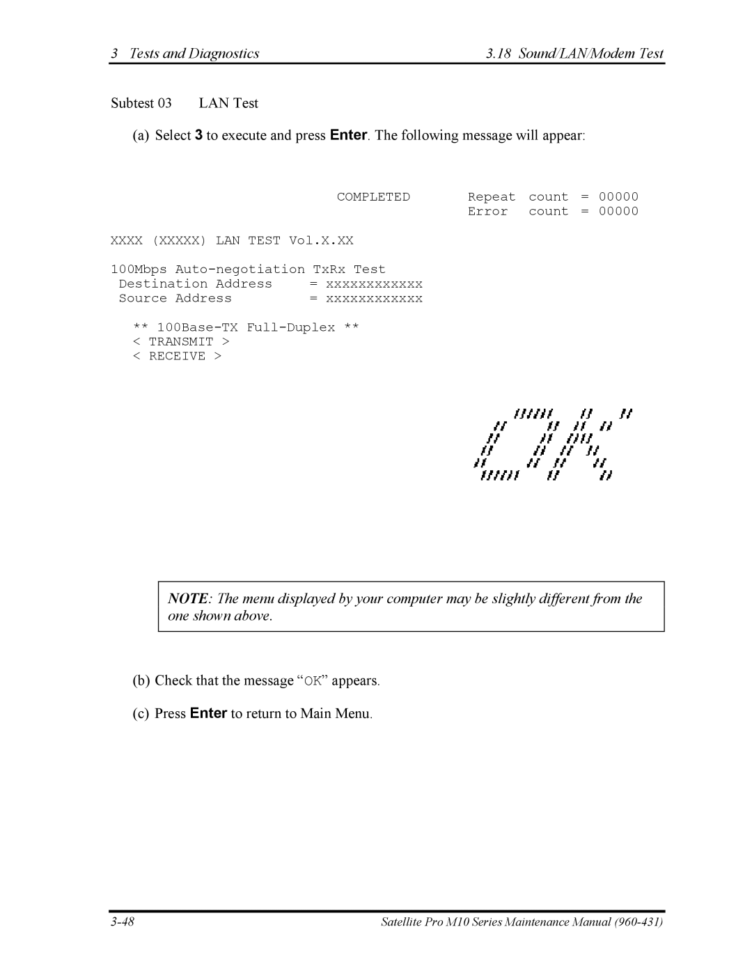 Toshiba M10 manual Tests and Diagnostics Sound/LAN/Modem Test Subtest LAN Test, Completed 