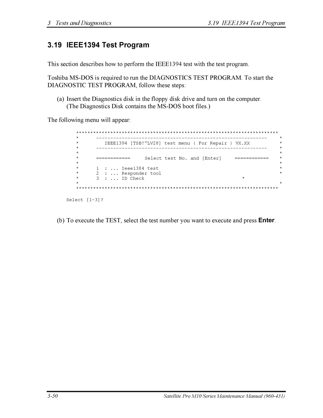 Toshiba M10 manual Tests and Diagnostics IEEE1394 Test Program 